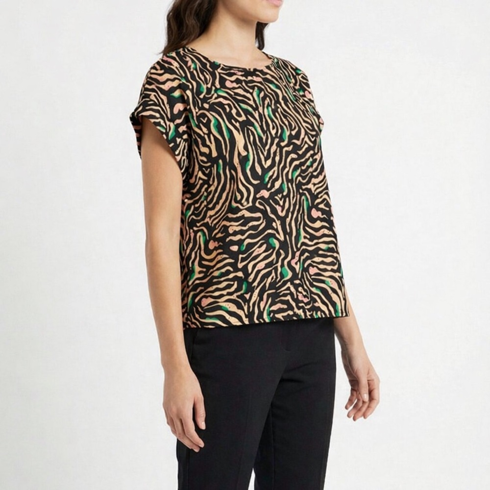 Nine West Black & Green Zebra Print Blouse in Women's Size Large L